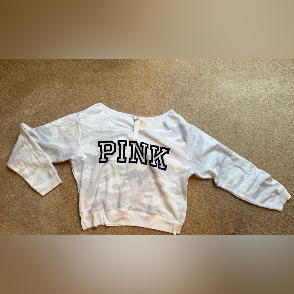 PINK Victoria's Secret White and Black Off Shoulder Sweatshirt Sz XL New